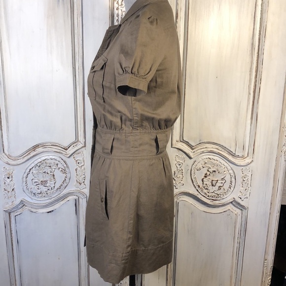 Silence & Noise Khaki Cotton Linen Blend Short Sleeve Button Down Safari Dress - Picture 8 of 13
